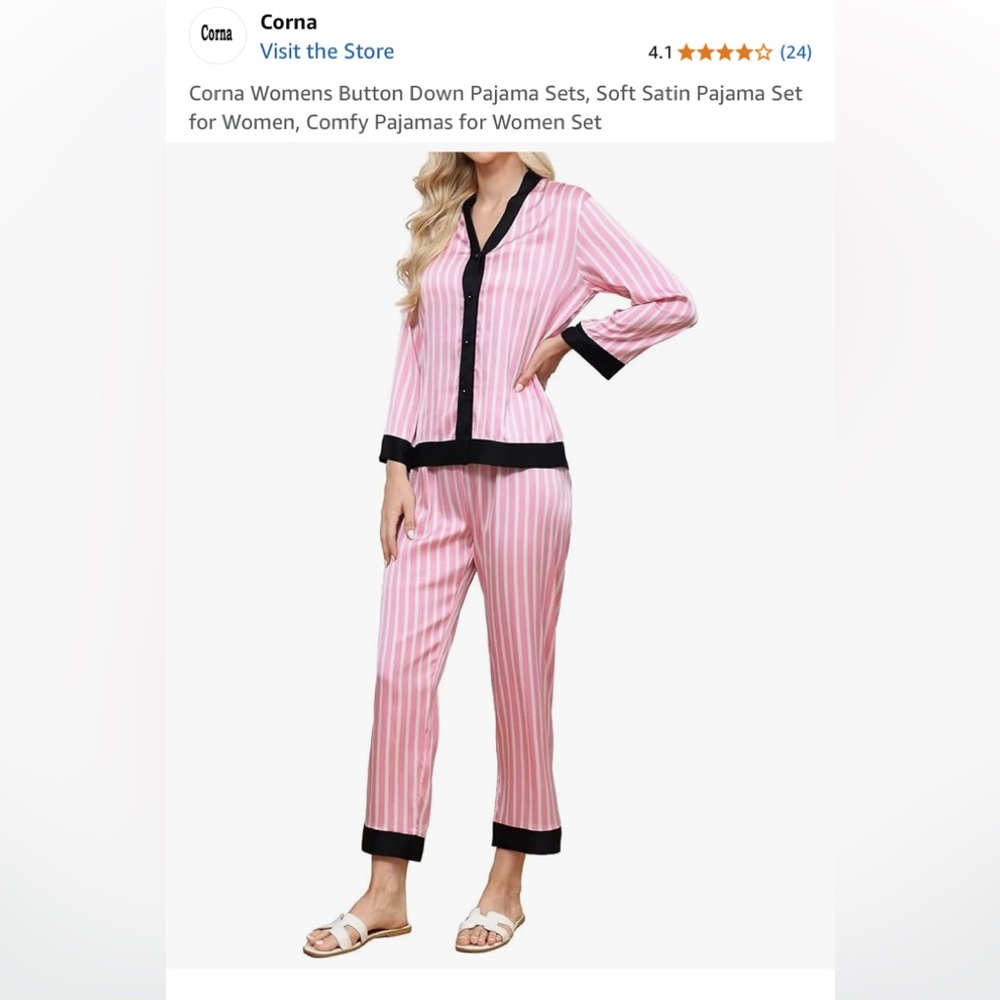 6/$20Corona.Women's Soft Satin Button Down Pajama Set Pink & White Striped M NWT